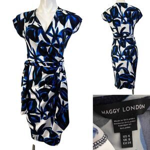 Maggy London wrap dress‎ 4 blue multicolor short slv knee length office church